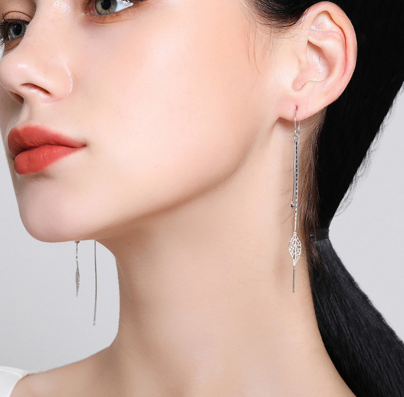 Women Silver Tone Tassel Threader Leaf Dangle Drop Pull Earrings Fashion I48