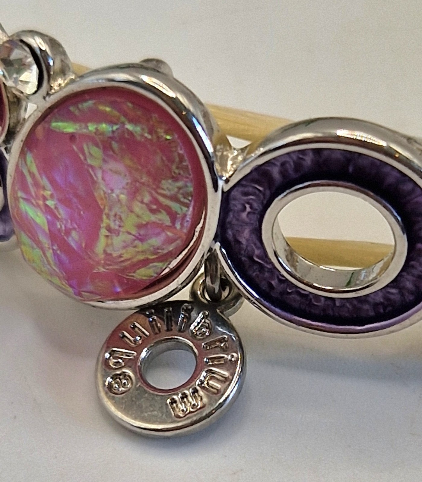 Silver Tone Stretch Bar Link Bracelet Pink Oval Glass Cabochons Purple Enamel