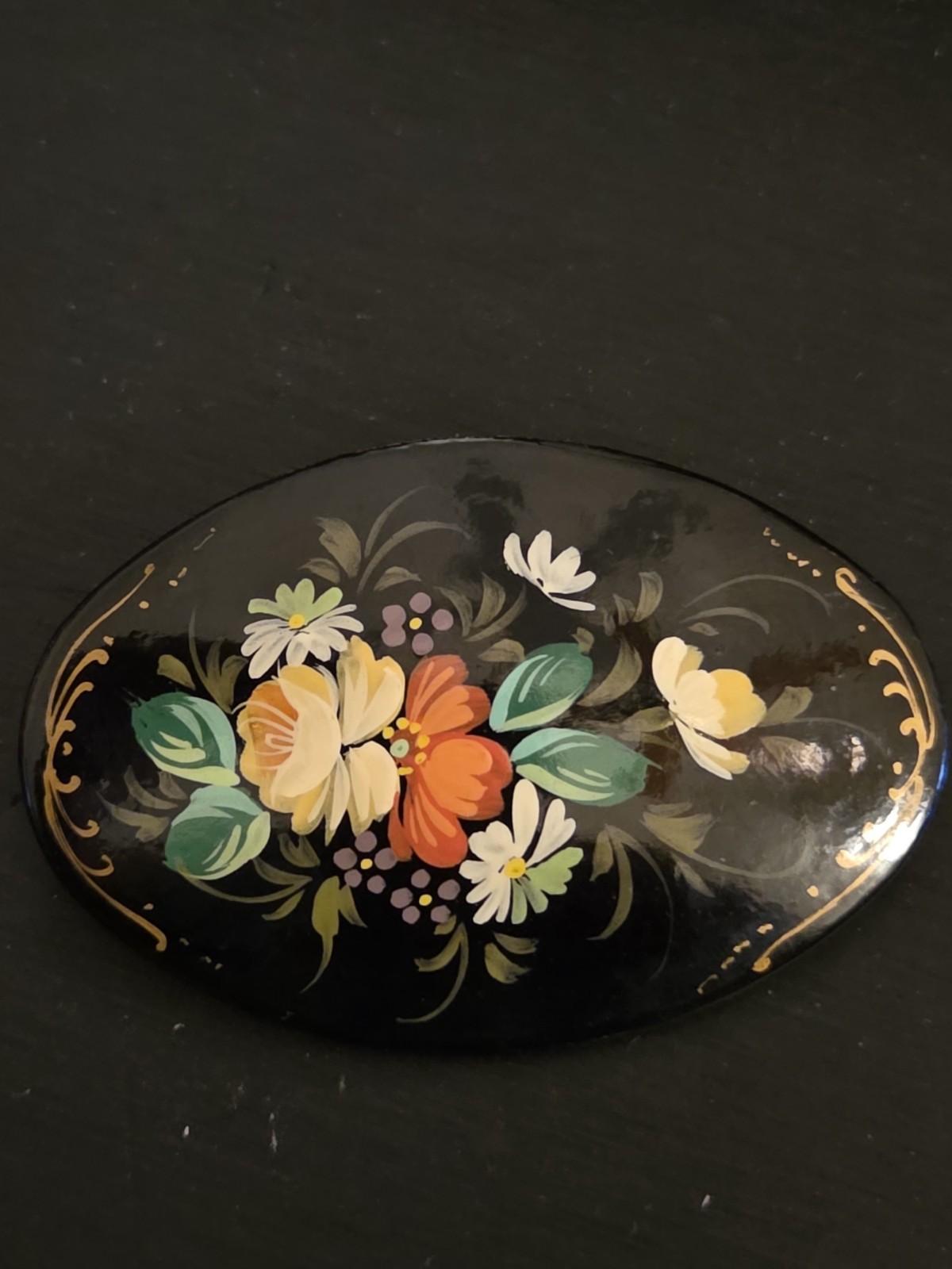 Wood Oval Black Hand-Painted Floral Brooch Pin Multicolor 2.5 in
