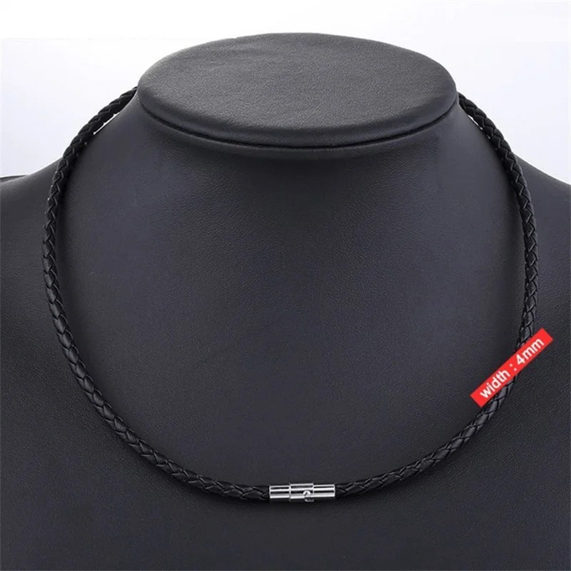 Braided Leather Rope Chain Necklace Magnetic Clasp Black 45cm Unisex