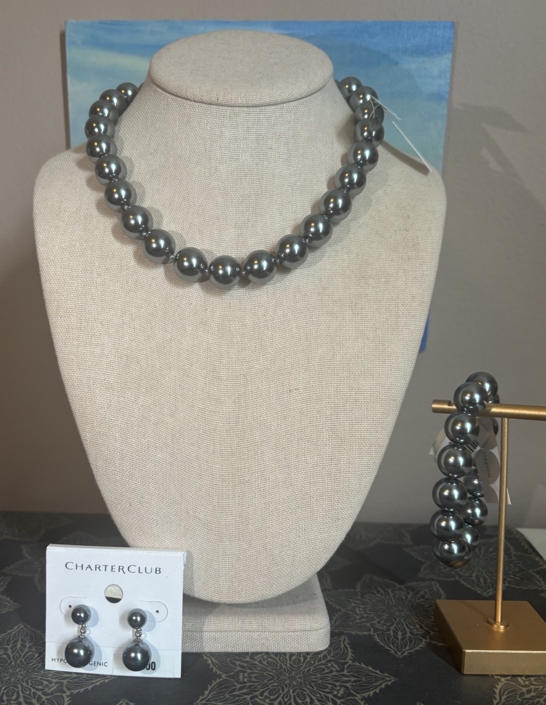 Charter Club Silver Toned Faux Pearl Necklace, Bracelet & Earrings NWT Set
