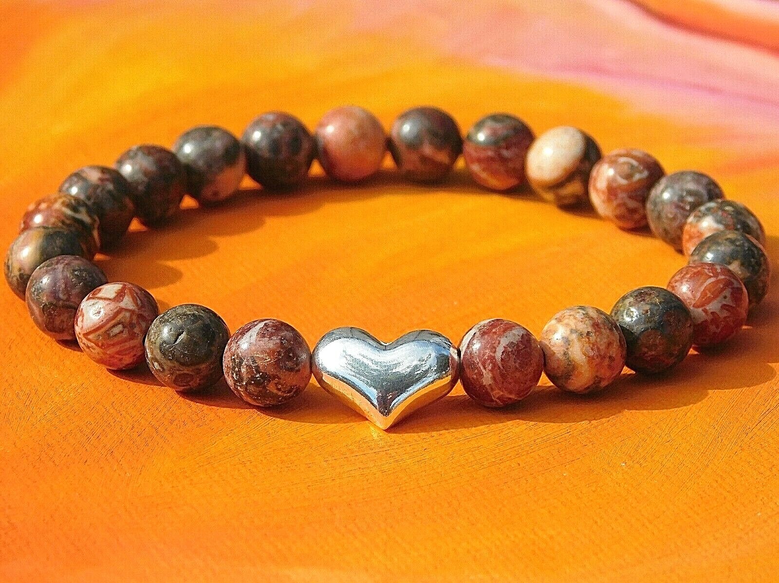 Ladies 8mm Handmade Gemstone & Silver Heart Bracelet – Leopardskin Jasper.