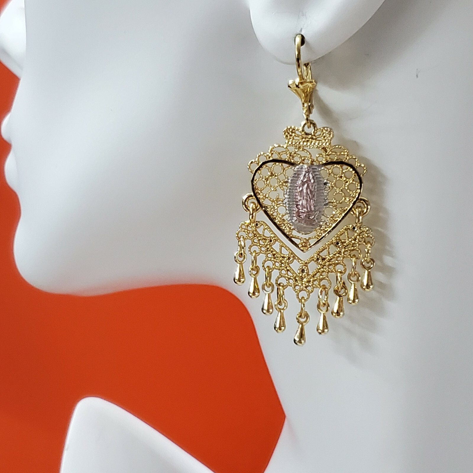 3 Color Gold Plated Our Lady Virgen Guadalupe Chandellier Heart Earrings