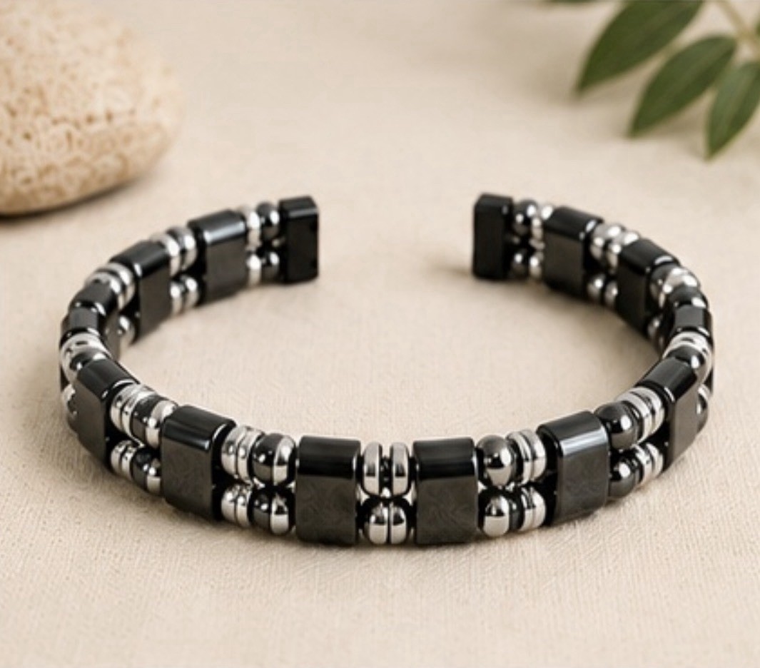 HANDMADE HIGH POWER 100% MAGNETIC HEMATITE BLACK/SILVER BRACELET MEN’S WOMEN’S