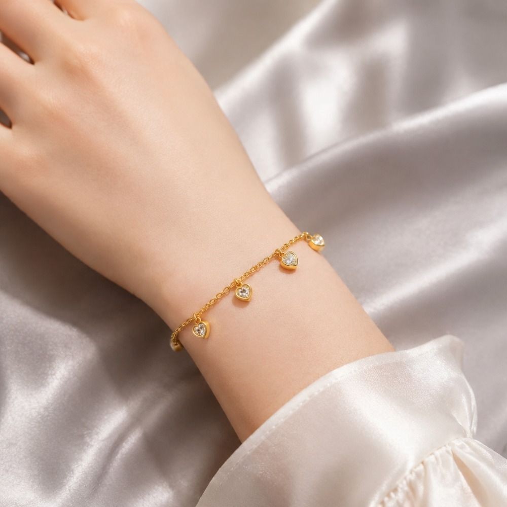 Stainless Steel Heart Bracelet & Anklet White CZ Waterproof Jewelry Set Women