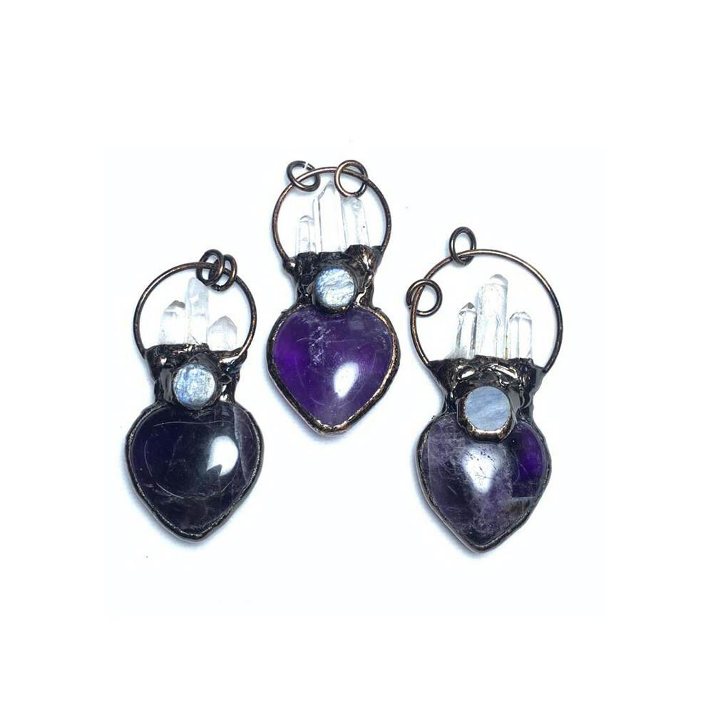 Natural Quartz Crystal Amethyst Labradorite Heart Pendant Necklace Healing USA