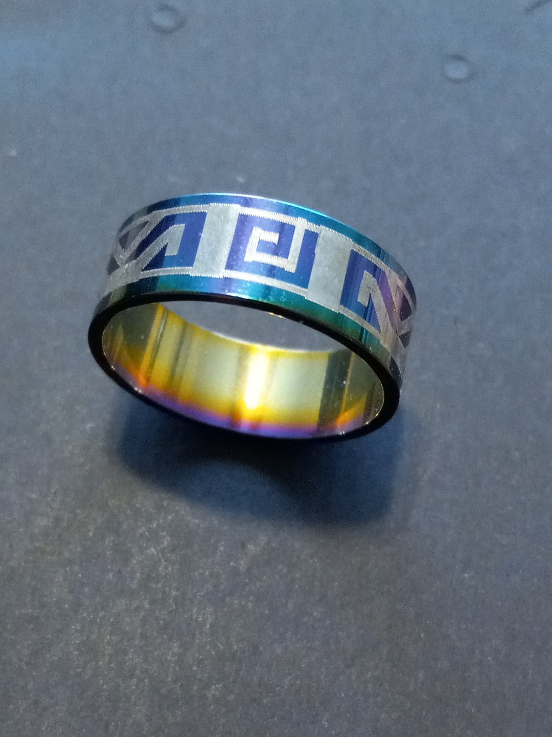 Stainless Steel Fashion Ring – Blue Design. 7mm Wide. Size 7.5 (B13)