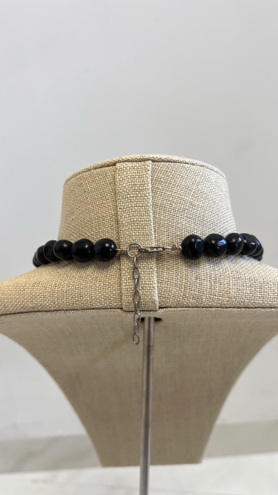 black onyx statement necklace large floral pendant, silver and gold beads, used