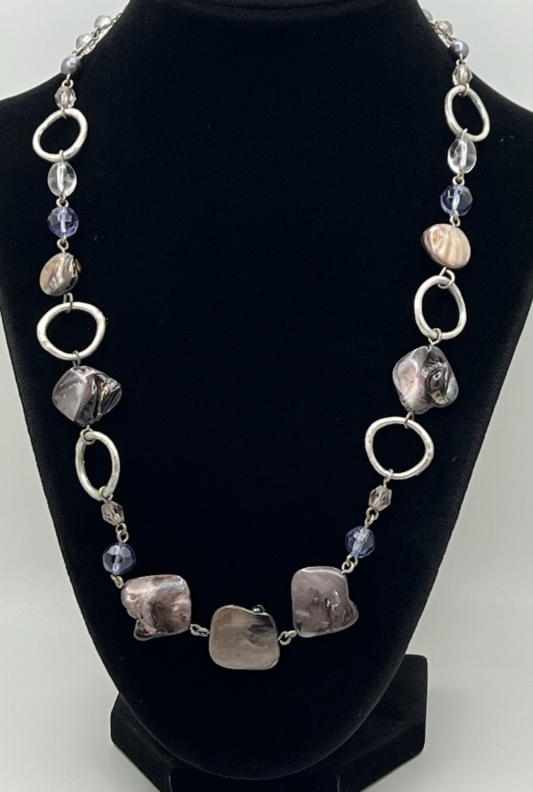Lia Sophia Genuine Abalone, Blue Lavender Glass Beads & Circle Links Necklace ￼