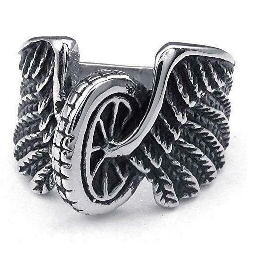Men’s and Women’s Stainless Steel Winged Motorcycle Tire Wedding Band Set