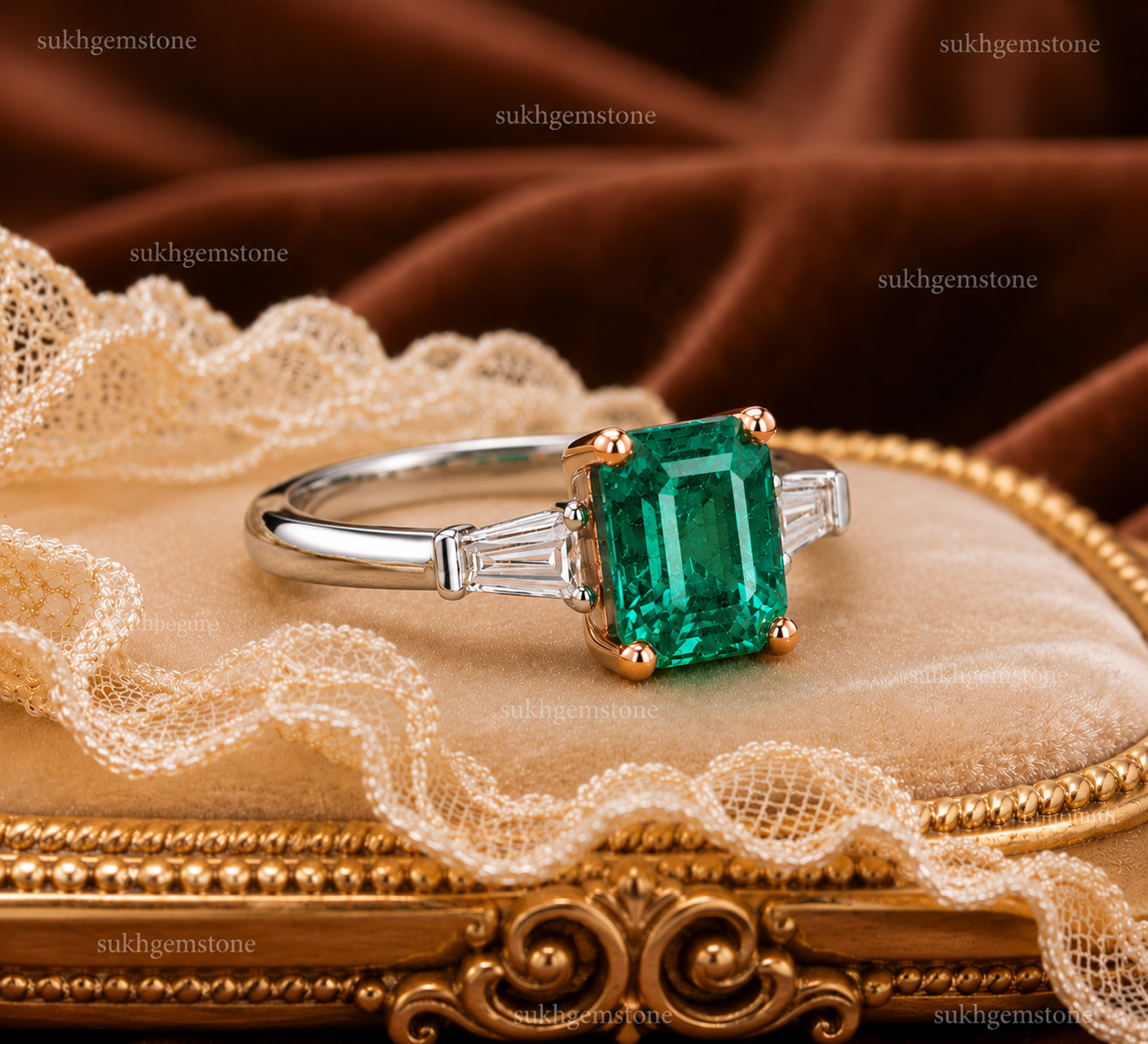 Lab Created Green Emerald Ring, Base Metal: Brass Finish: Gold Plated