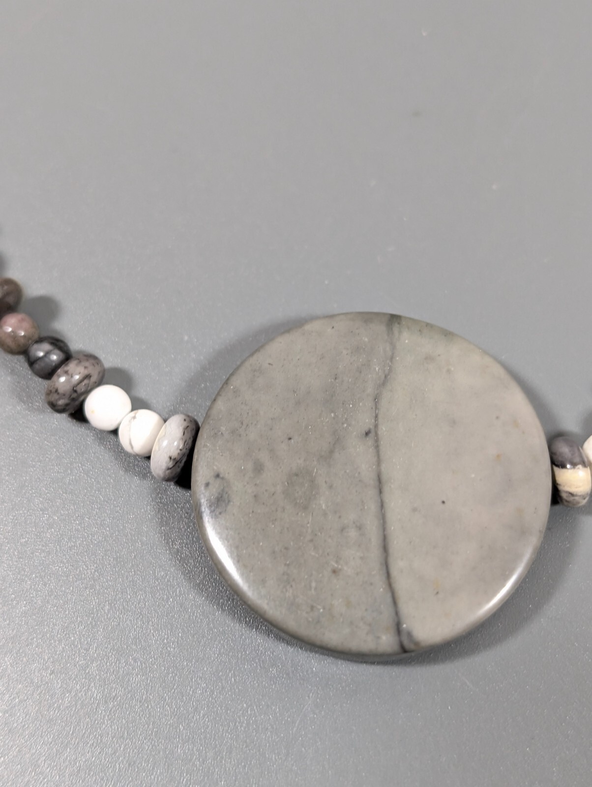 Boho White Gray Marble Stone Round Disc Bead Toggle Necklace Coastal Beach 18 in