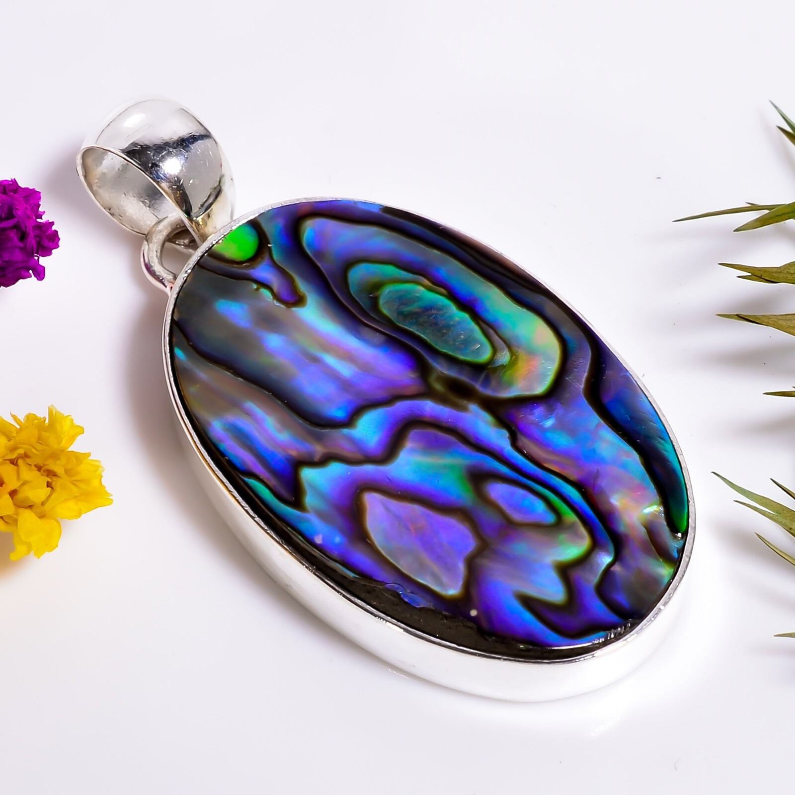 Abalone Shell Gemstone Ethnic Handmade Jewelry.925 Silver Pendant
