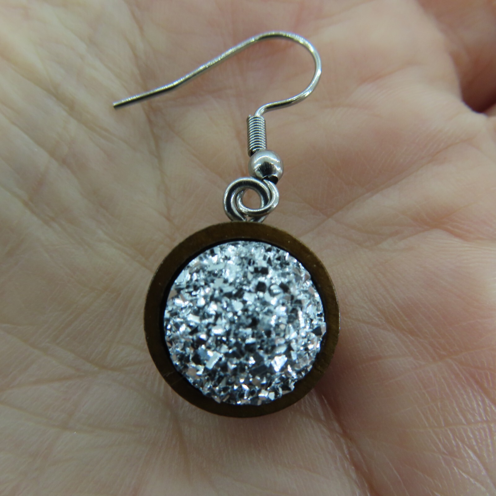 BRIGHT SILVER Faux Druzy Dangle Earrings Stainless Steel 12mm Wood Cabochon New