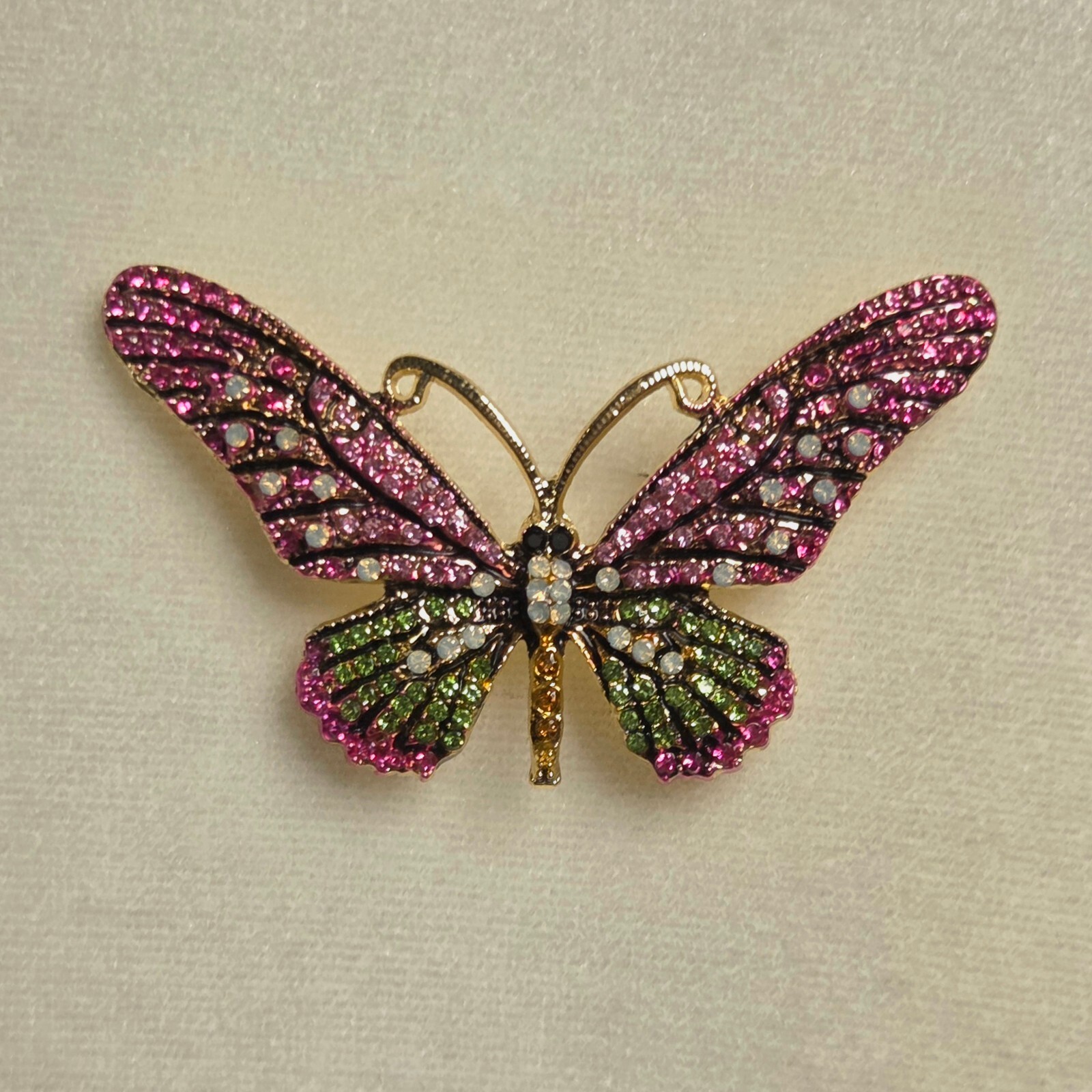 Pink and Green Rhinestone Butterfly Brooch Y2K Fairy Glam