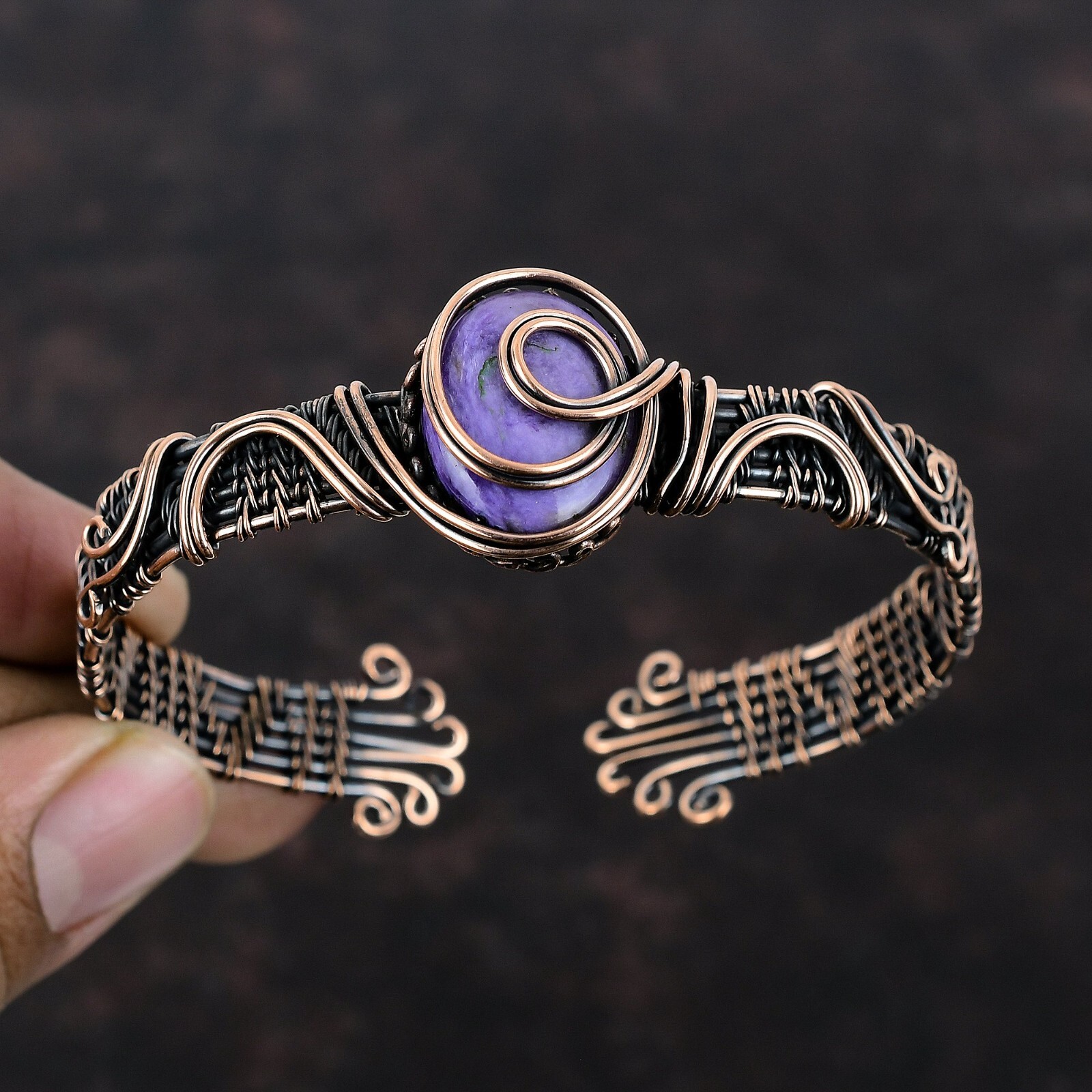 Russian Charoite Wire Wrapped Adjustable Bangle Handcrafted Copper Holiday