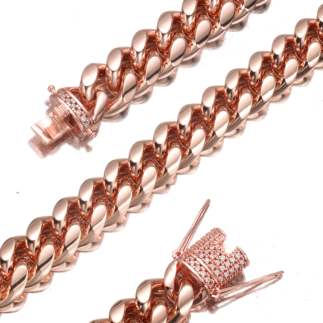 Pink Rose Gold Miami Cuban Link Chain Necklace with CZ Clasp Unisex 10/14MM