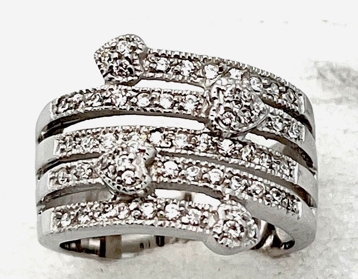 Sterling Silver 925 9.1 Gram 55 Prong Set CZ 5 Row Heart Ring Size 10