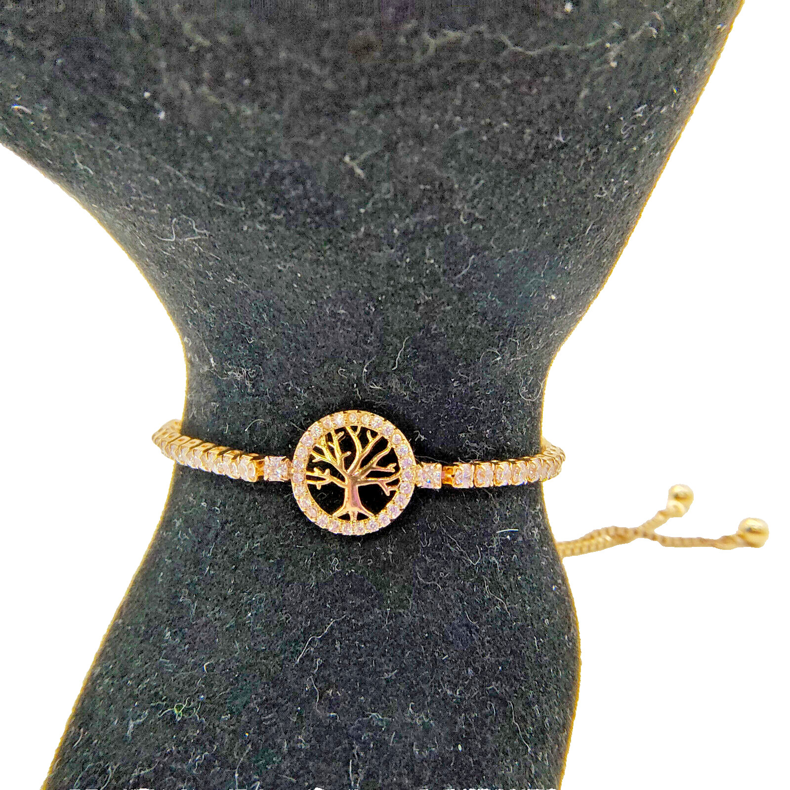 Tree of Life Adjustable Bolo Bracelet White Rhinestone Gold Tone Slider Chain