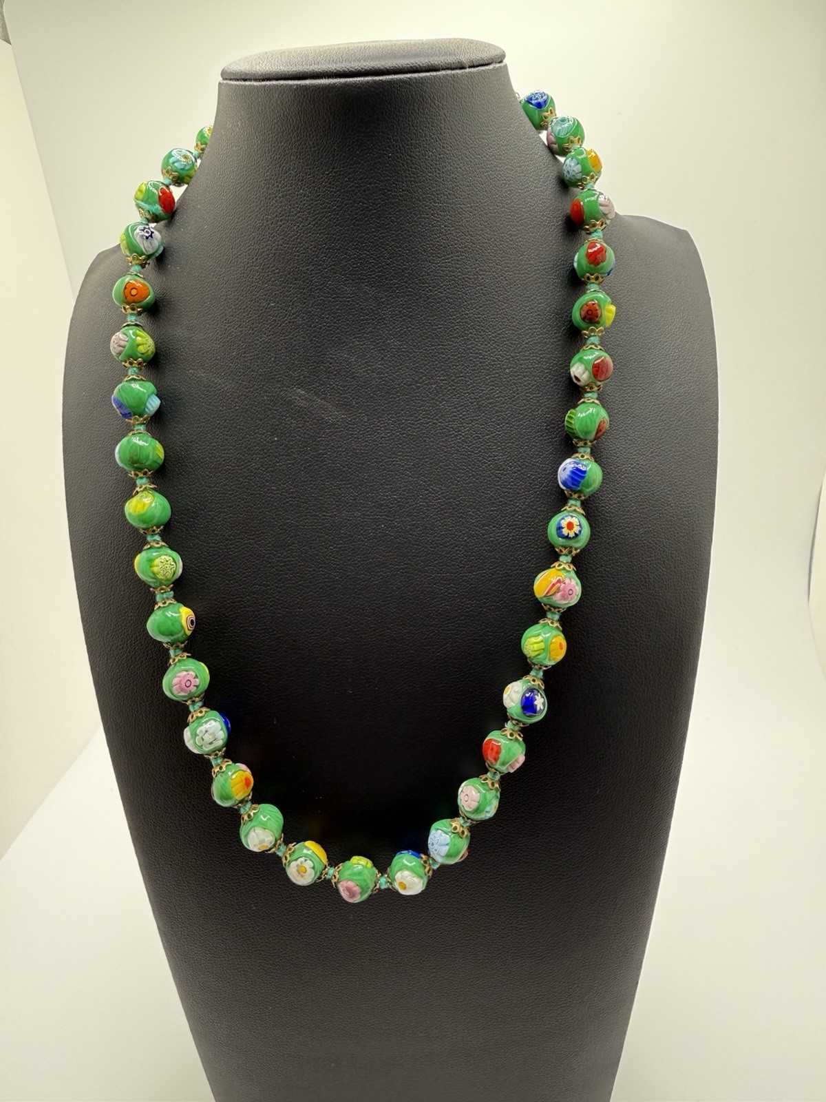 Italian Murano Green Multicolor Glass Round Beaded Necklace 19 in w Barrel Clasp