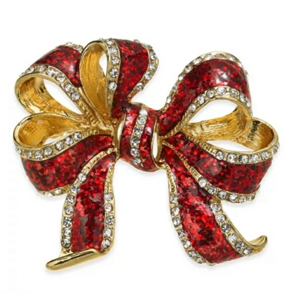 Macy’s Holiday Lane Red Bow Brooch Gold Tone Red Enamel Glitter W Rhinestones