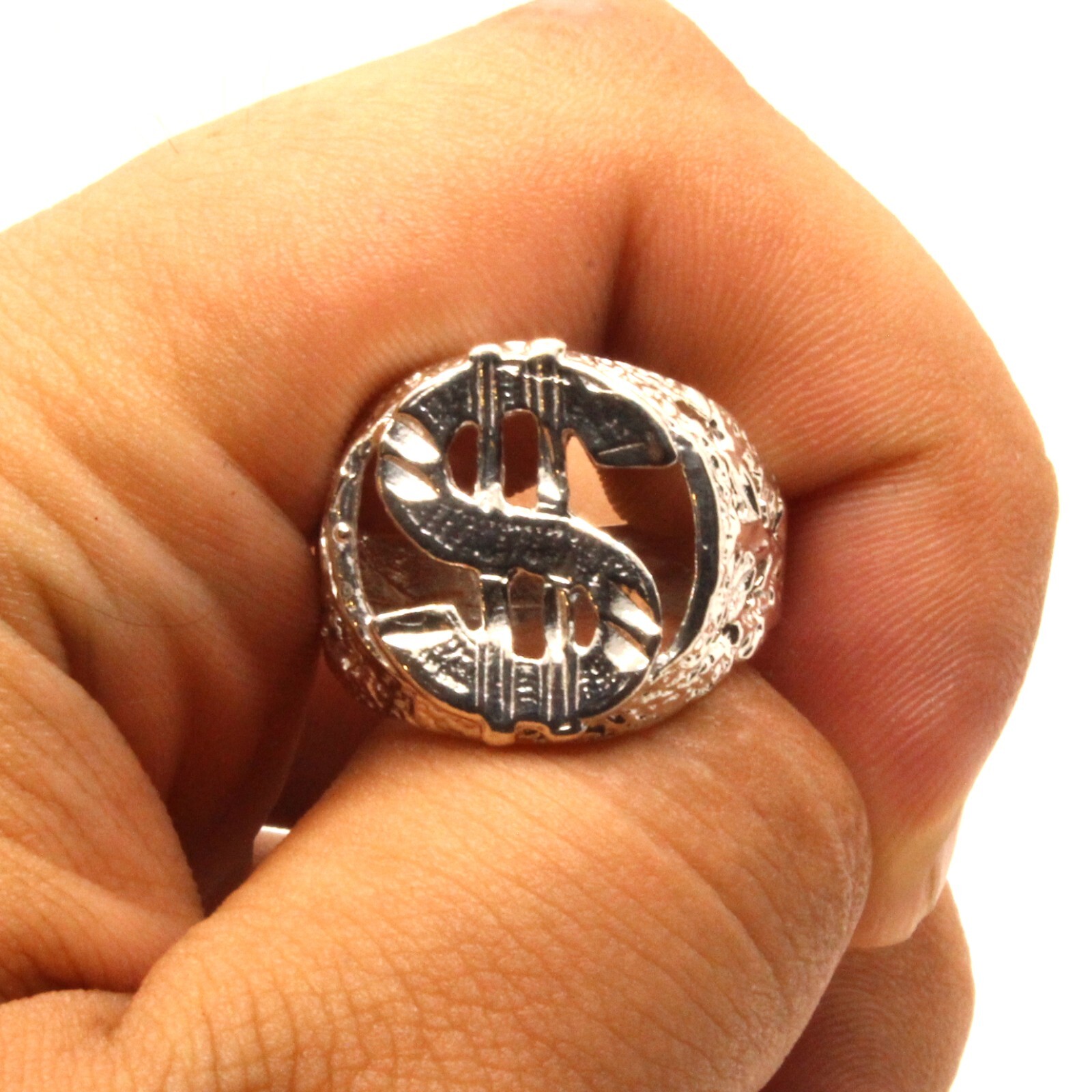 925 Sterling Silver Detailed Dollar Sign Diamond Cut Finish Ring 3/4 Inch Wide