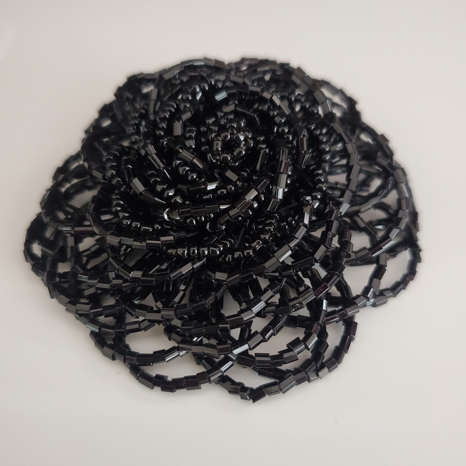 Large Flower Brooch Pin Black Faceted Seed Bead Cluster Rosette 3 Inches Across