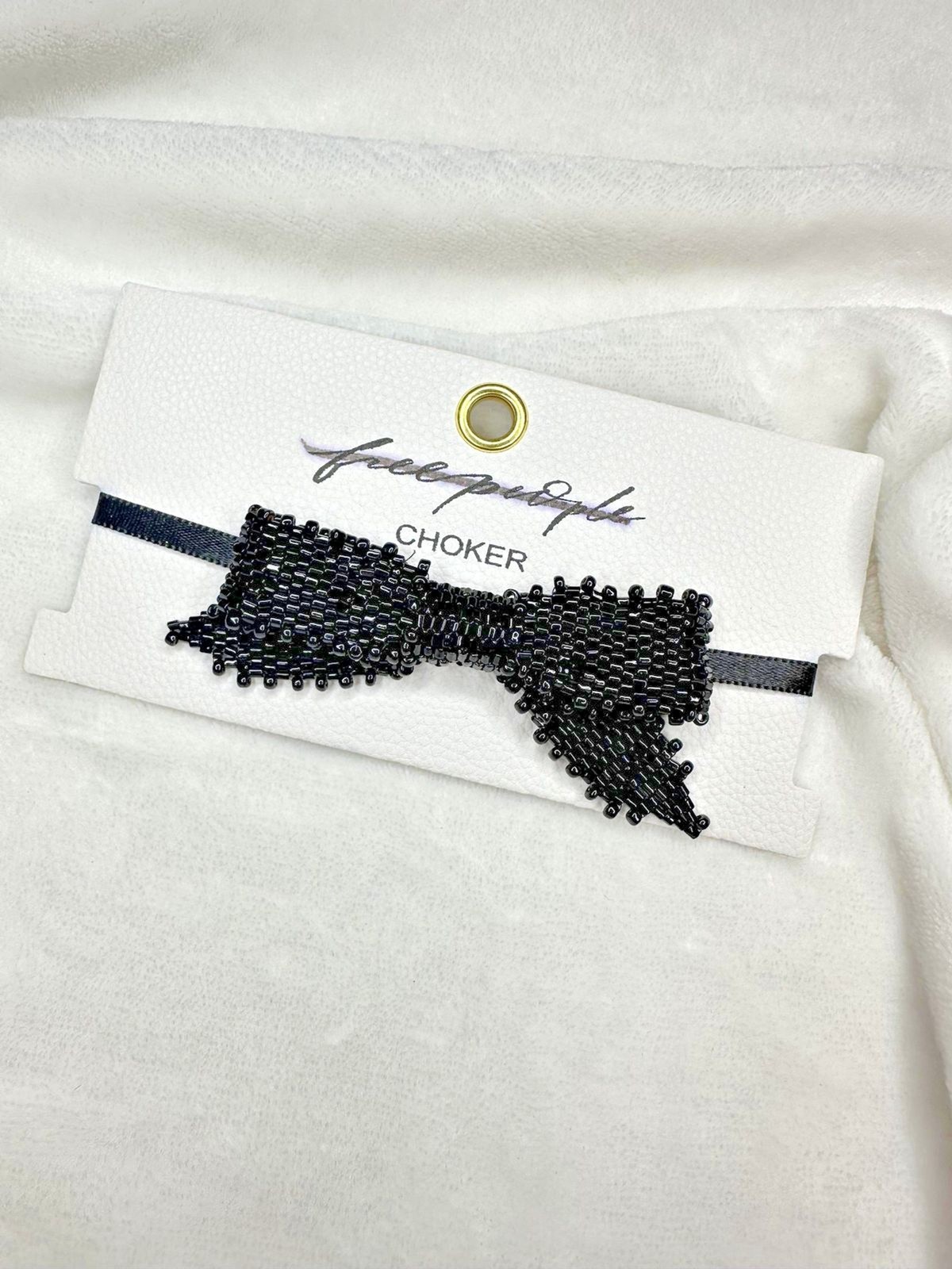NEW Free People Backstage Pass Bow Choker in Black Bronze Beaded Coquette Glam