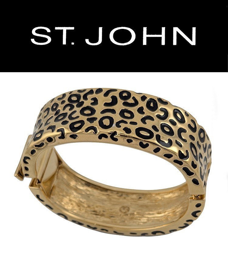 St John Knits Wide Hinged Bangle Bracelet Gold Tone Tooled Animal Spot Print