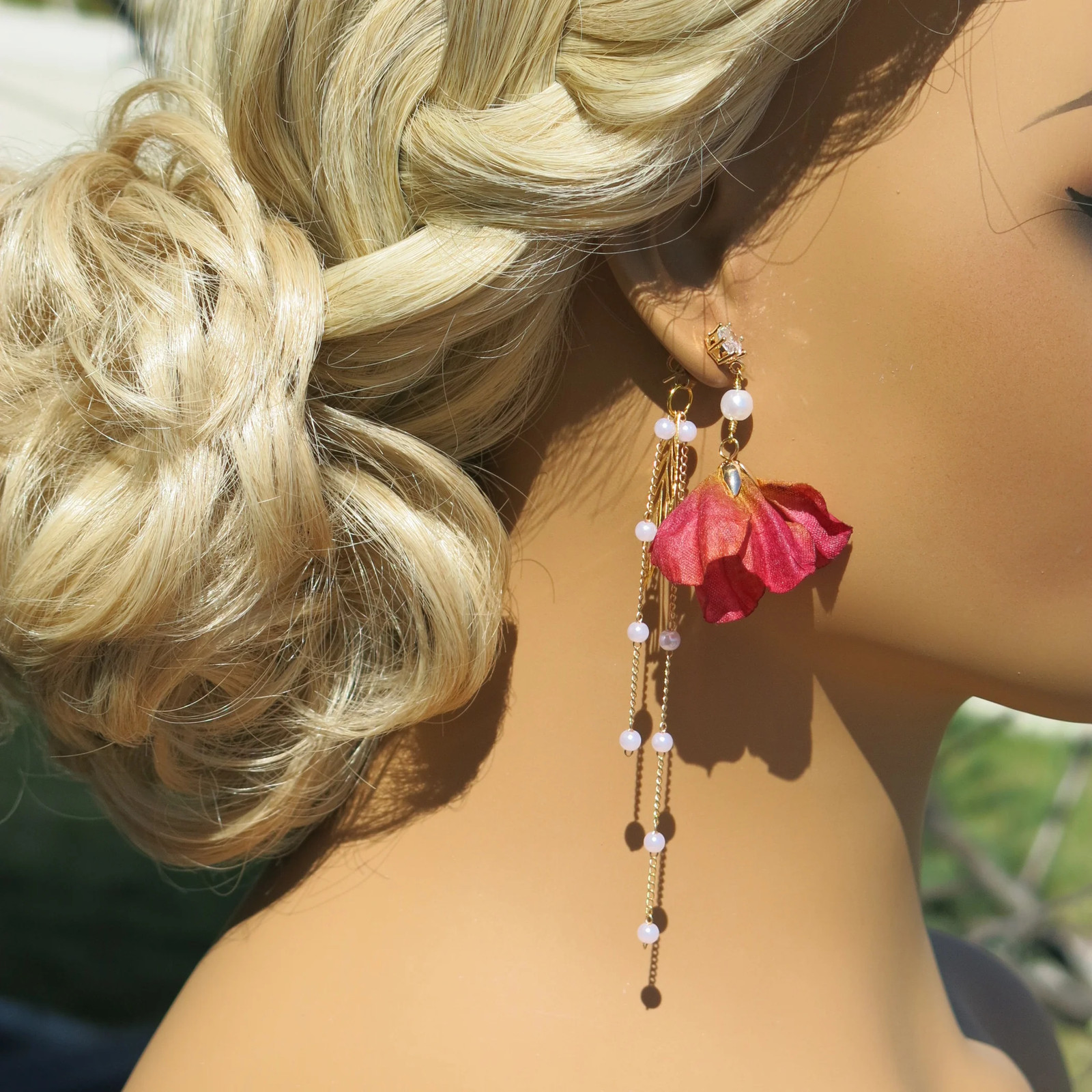 Camellia Silk Flower Chain Custom Floral Earrings – Boho Dangle Earrings