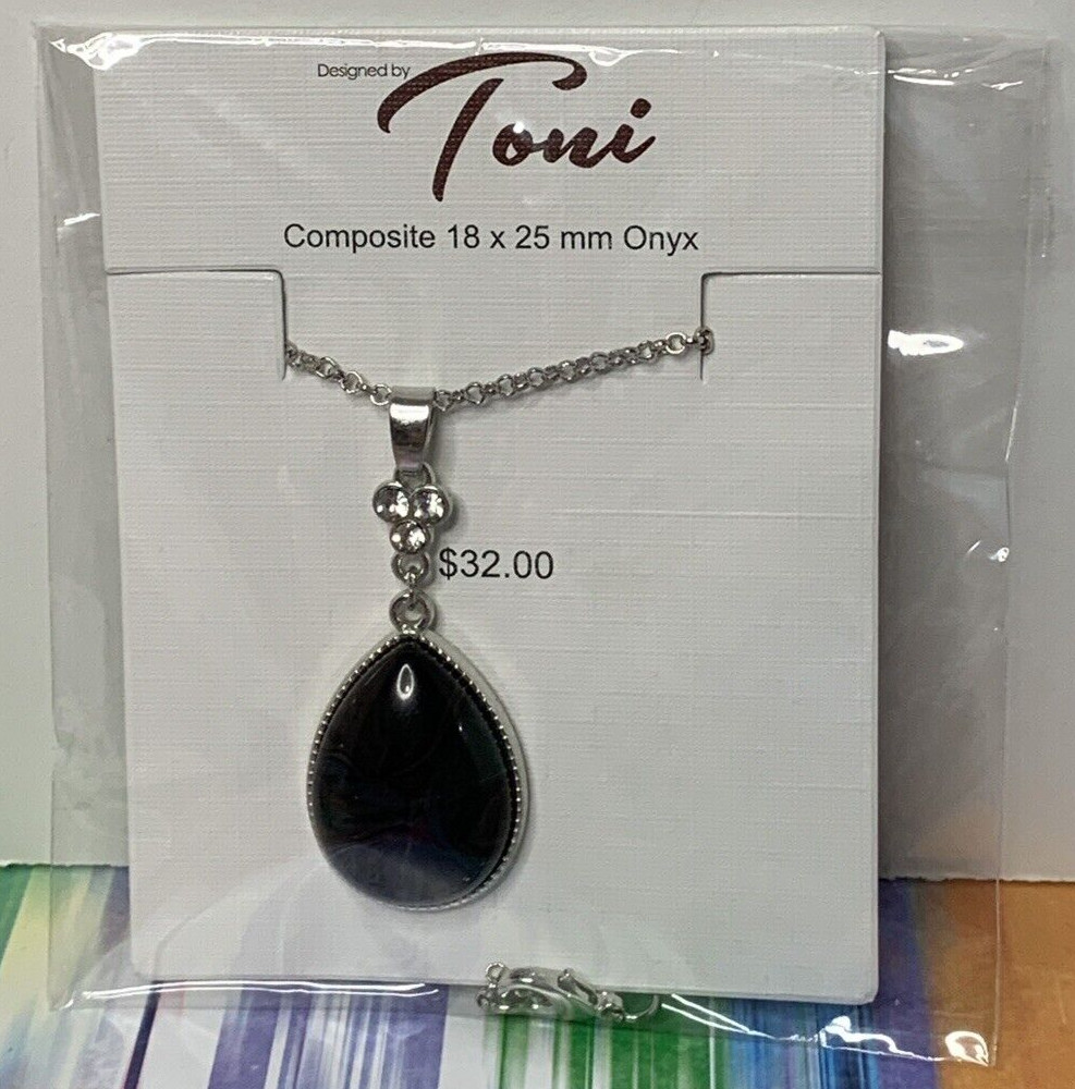 Black Onyx Silvertone Pendant On Long Chain Necklace Composite 18x25mm