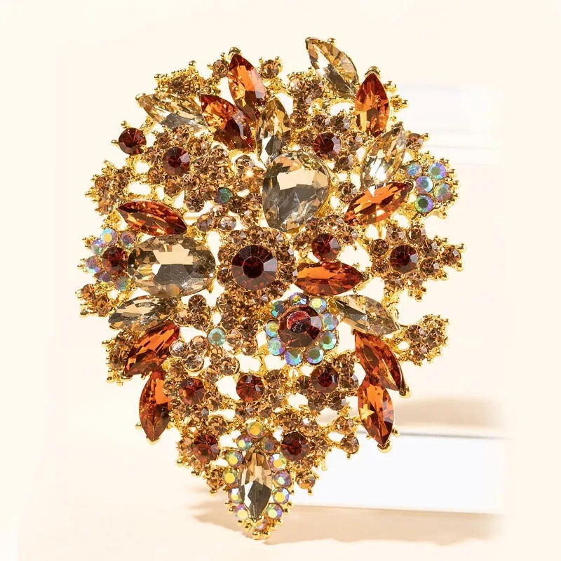 Gold Tone Unique Flower Drop Brooch Pin Pendant Topaz Rhinestone Crystal Jewelry