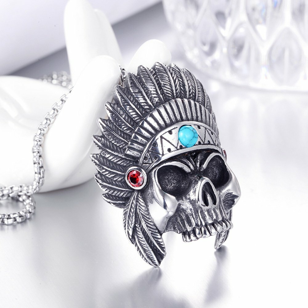 MENDEL Mens Native American Indian Chief Skull Biker Necklace Pendant Turquoise