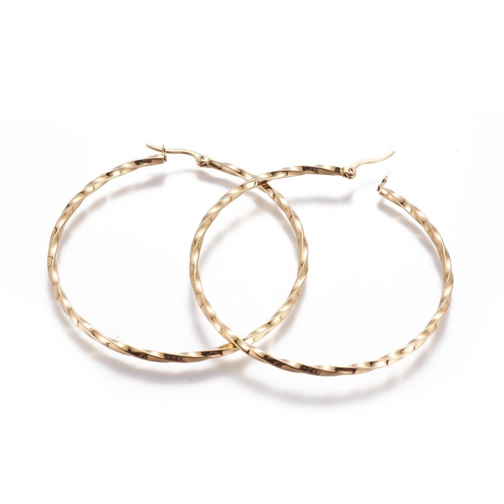 304 Stainless Steel Hoop Earrings Twisted Ring Gold 2.5″ Inch Pin 0.8mm