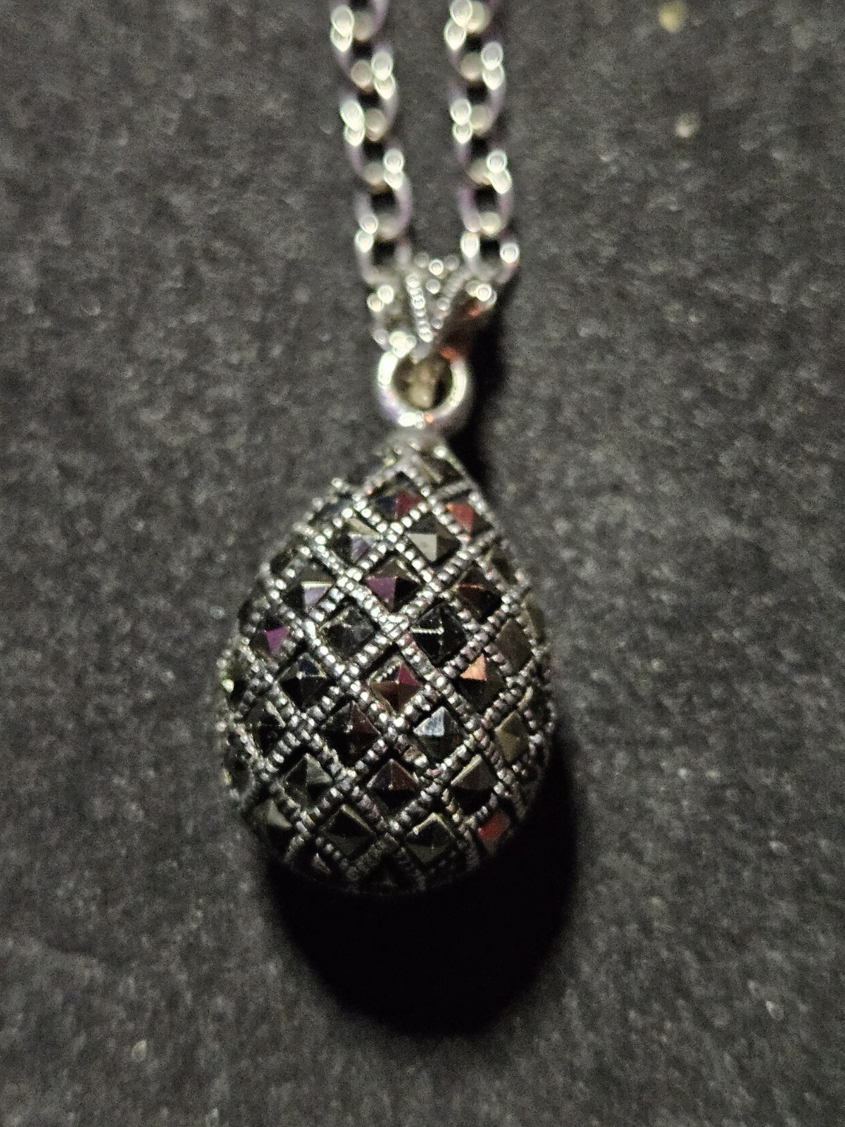 Black Hematite Teardrop Pendant With Necklace Marked .925 Sterling Sliver
