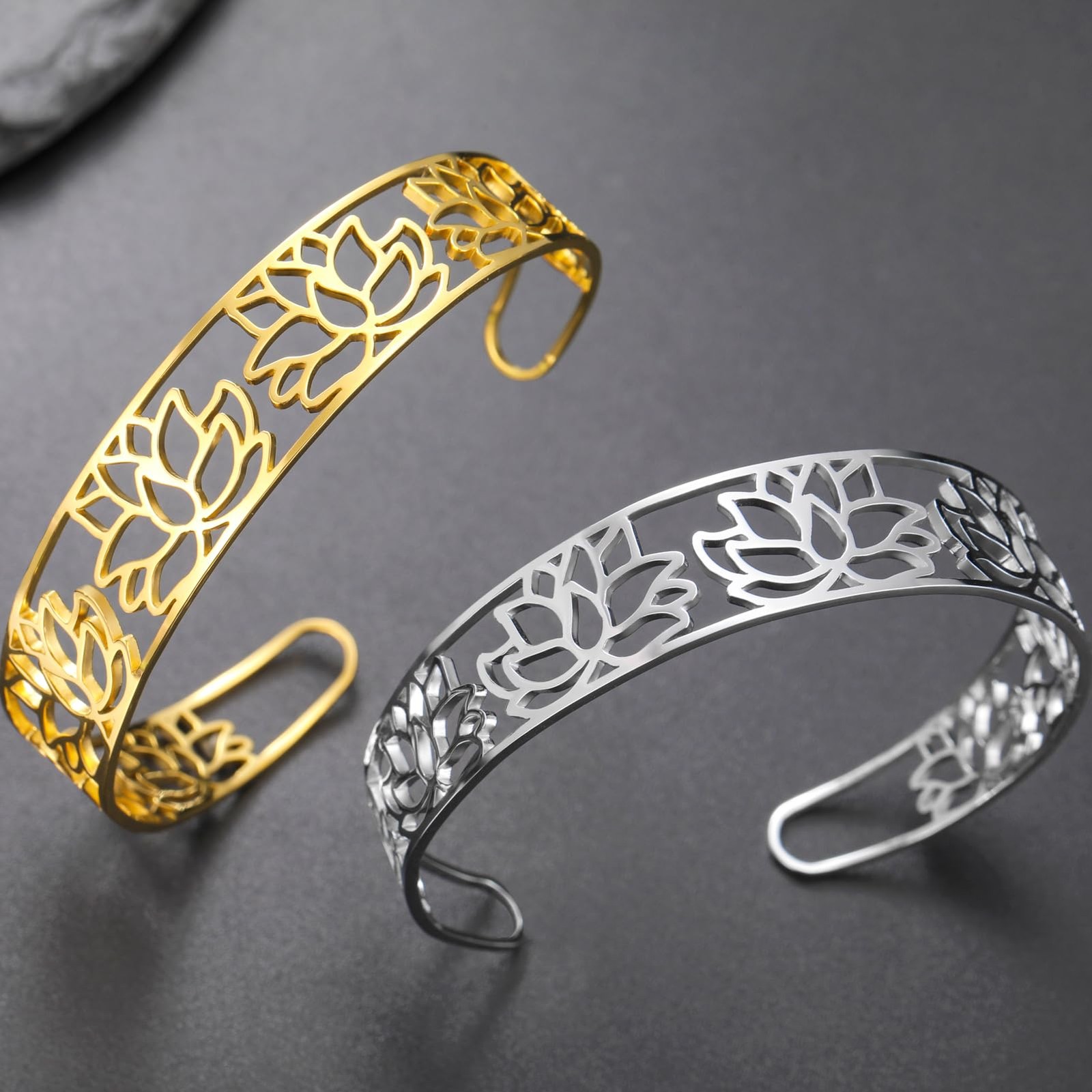 Dreamtimes Lotus Open Cuff Bangle Bracelet Stainless Steel lotus bracelet