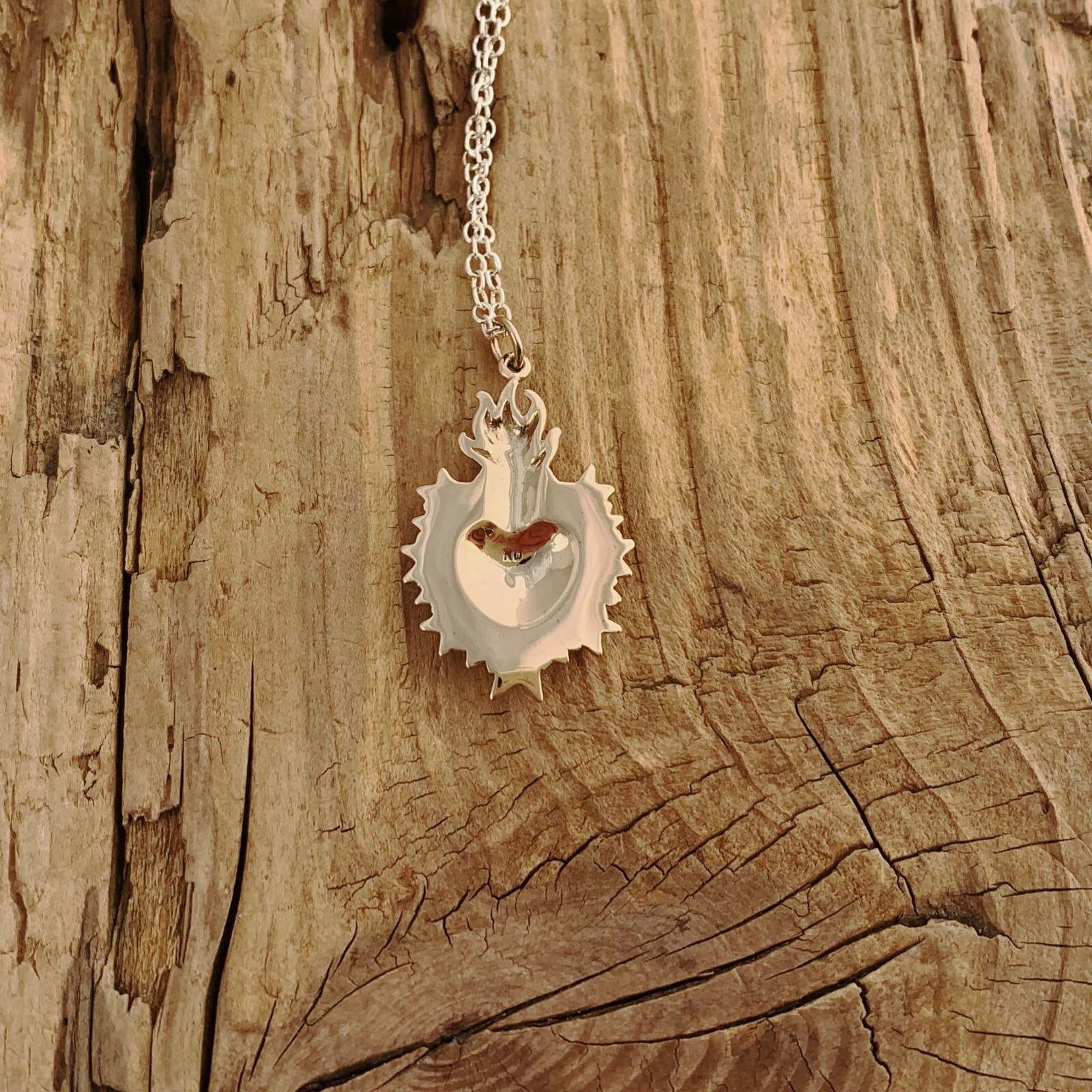 Bronze Flaming Sacred Heart Pendant Necklace Mixed Metals Thorns Sterling Silver