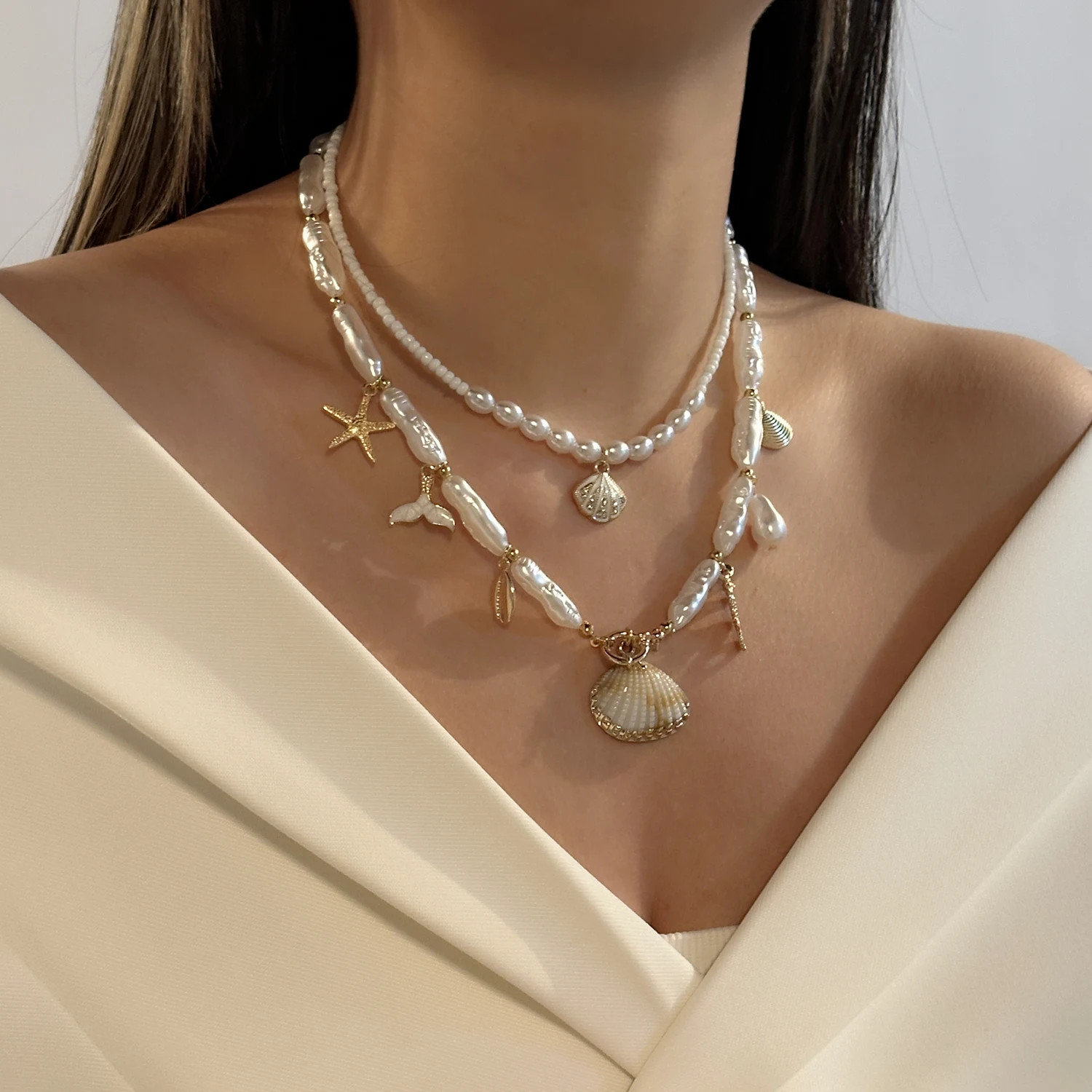 Bohemian Elegant Multilayer Sea Shell Rice Beads Necklace For Women Starfish Pen