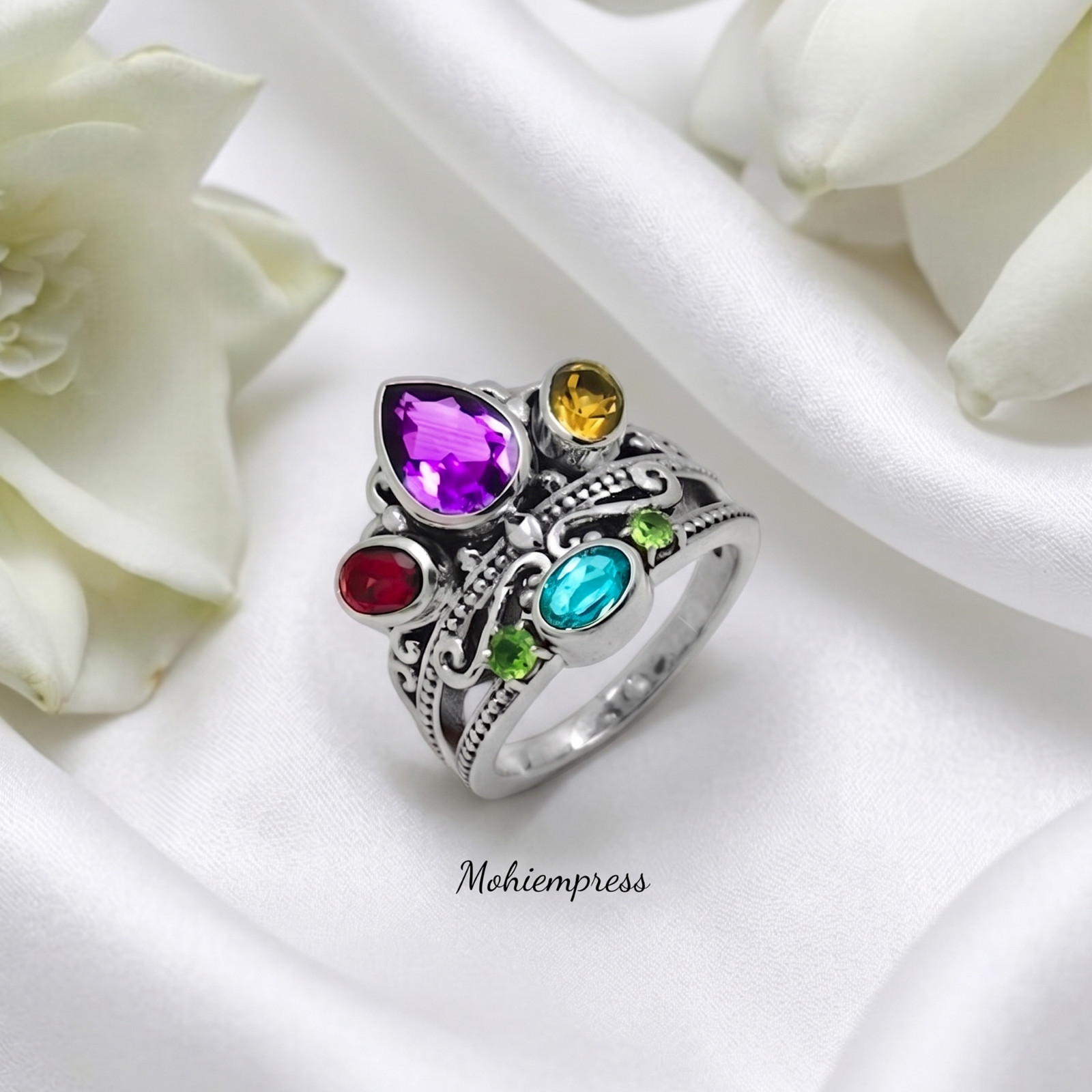 Multi Gemstone Statement Ring 925 Sterling Silver, Vintage Crown Ring