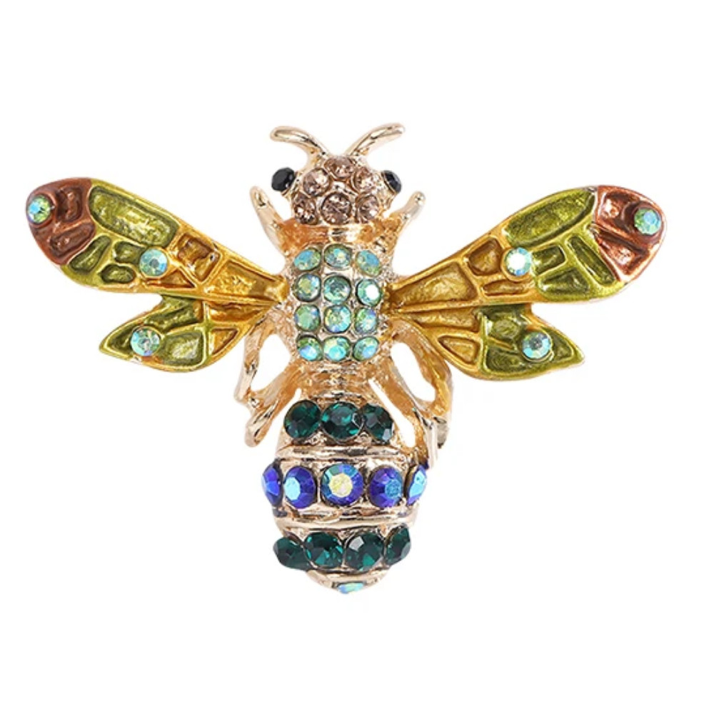 Cute Green Rhinestone Bee Brooch Pin Gold Tone Enamel Insect Jewelry Summer Gift