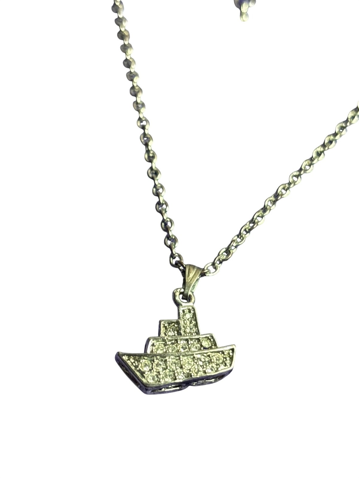 Clear Rhinestone Pave Ship Pendant Necklace Silvertone 16 – 19 inches Long