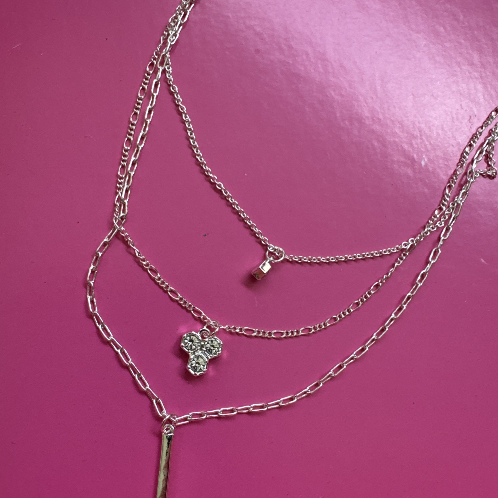 Bijoux Delicates Silvertone 3 Chain Bar Charm Layered Statement 16″ Necklace NEW
