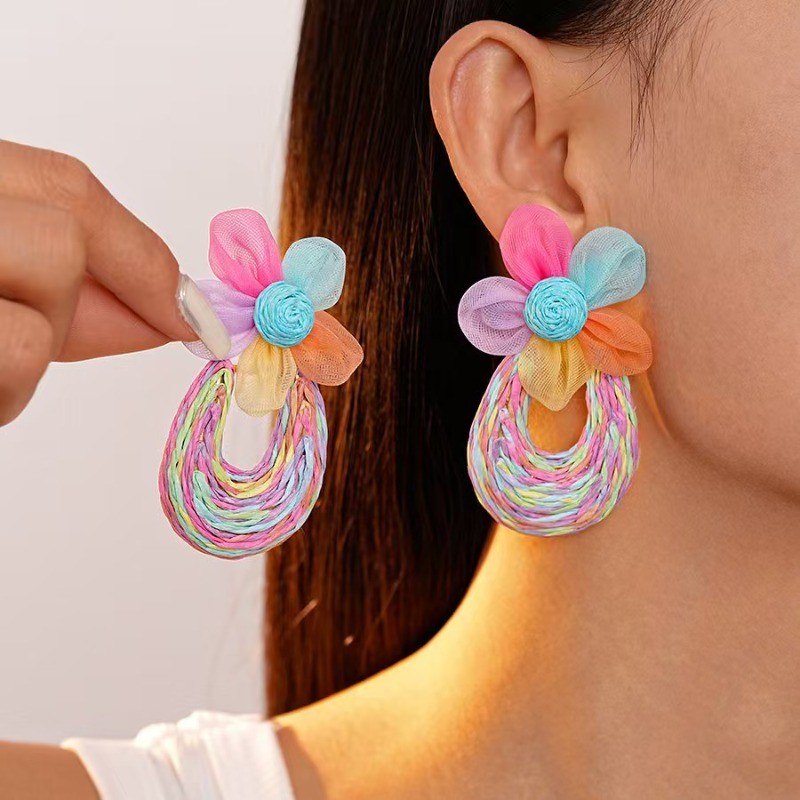 Women’s Vacation Style Colorful Lafite Grass Earrings Mesh Flower Ear Studs