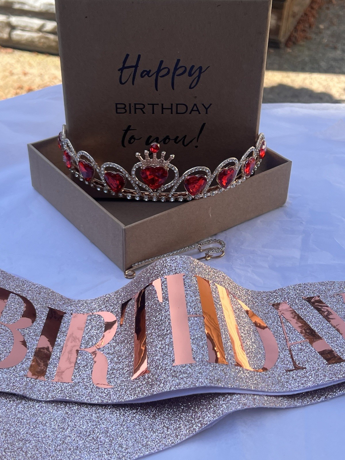 Birthday Bitch Party Set Tiara Sash & Rhinestone Pin Rose Gold Red Hearts