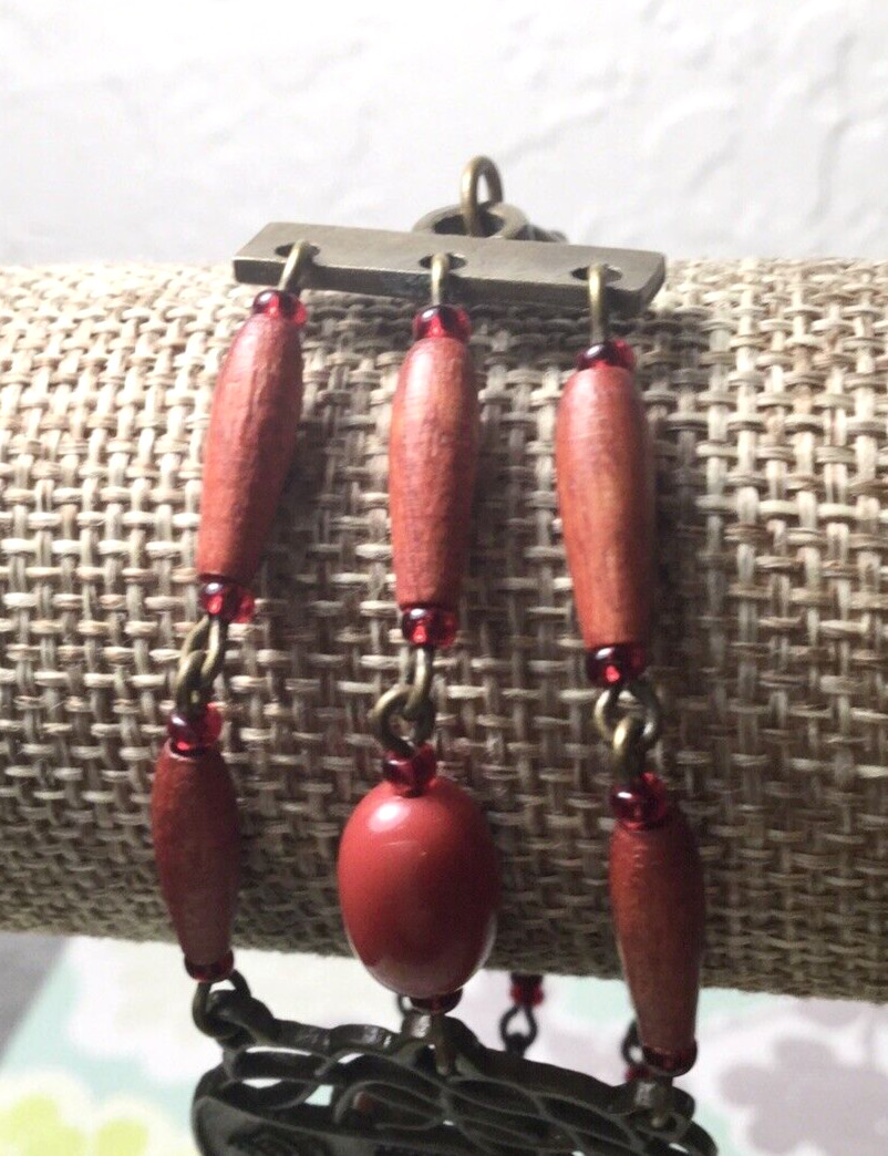 Womens Red Wood Bead Bracelet Alloy Centerpiece Crystals Bronze Tone Boho Chic