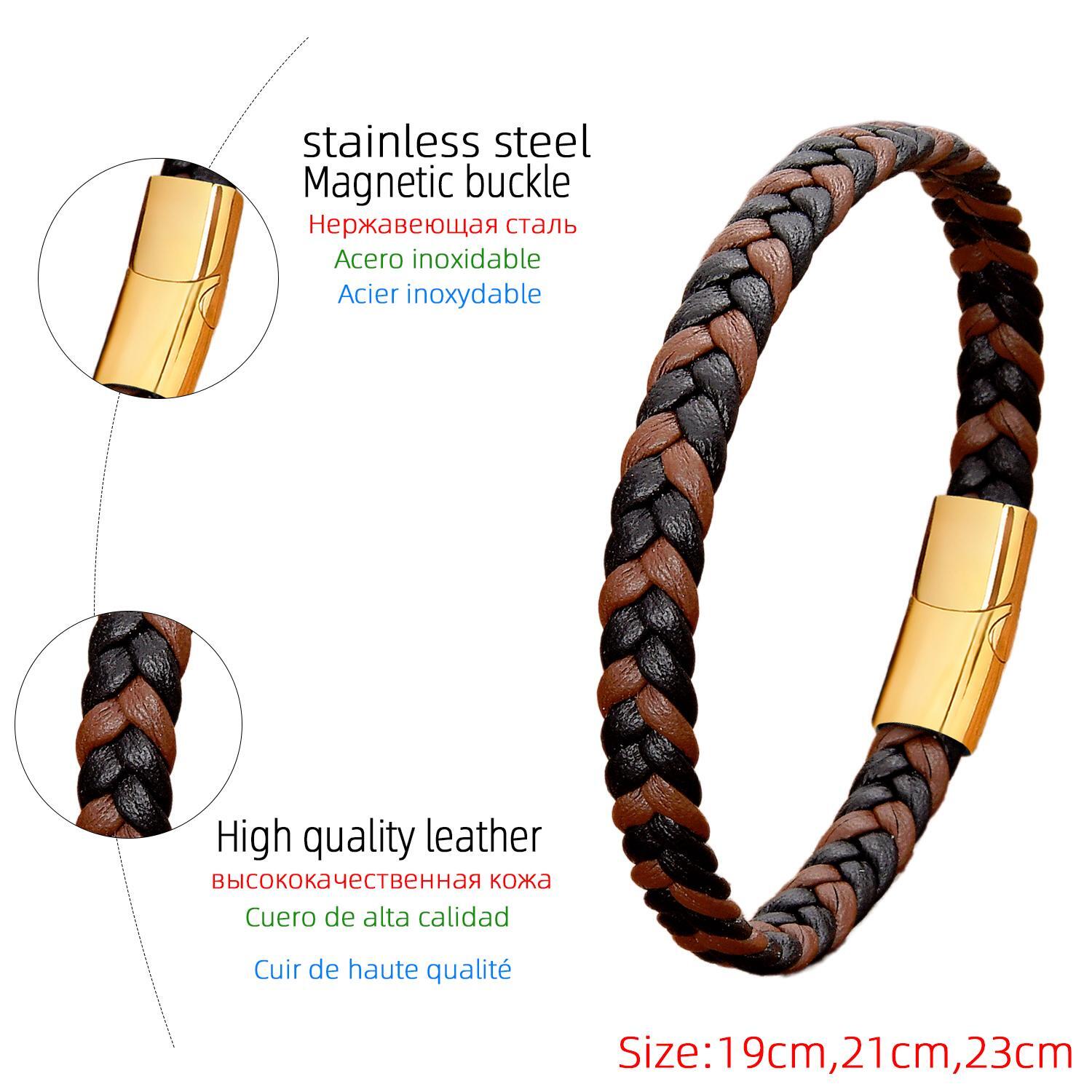 Simple Classic Stainless Steel Bracelet for Women & Men, Braided Leather Bangle