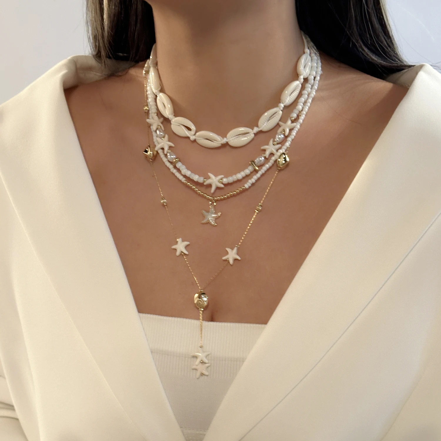 Bohemian Elegant Multilayer Sea Shell Rice Beads Necklace For Women Starfish Pen