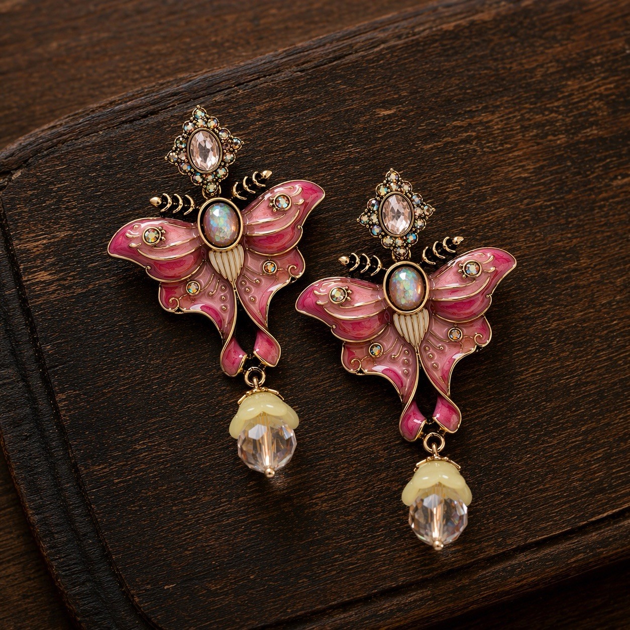 Museum Art Deco Butterfly Moth Earrings Enamel Crystal Nouveau Antique CZ VTG