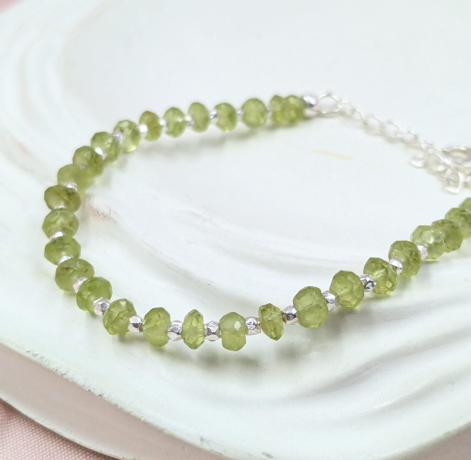 Green Peridot Faceted Rondelle Gemstone Silver Filled Beads Women Bracelet 6-8”