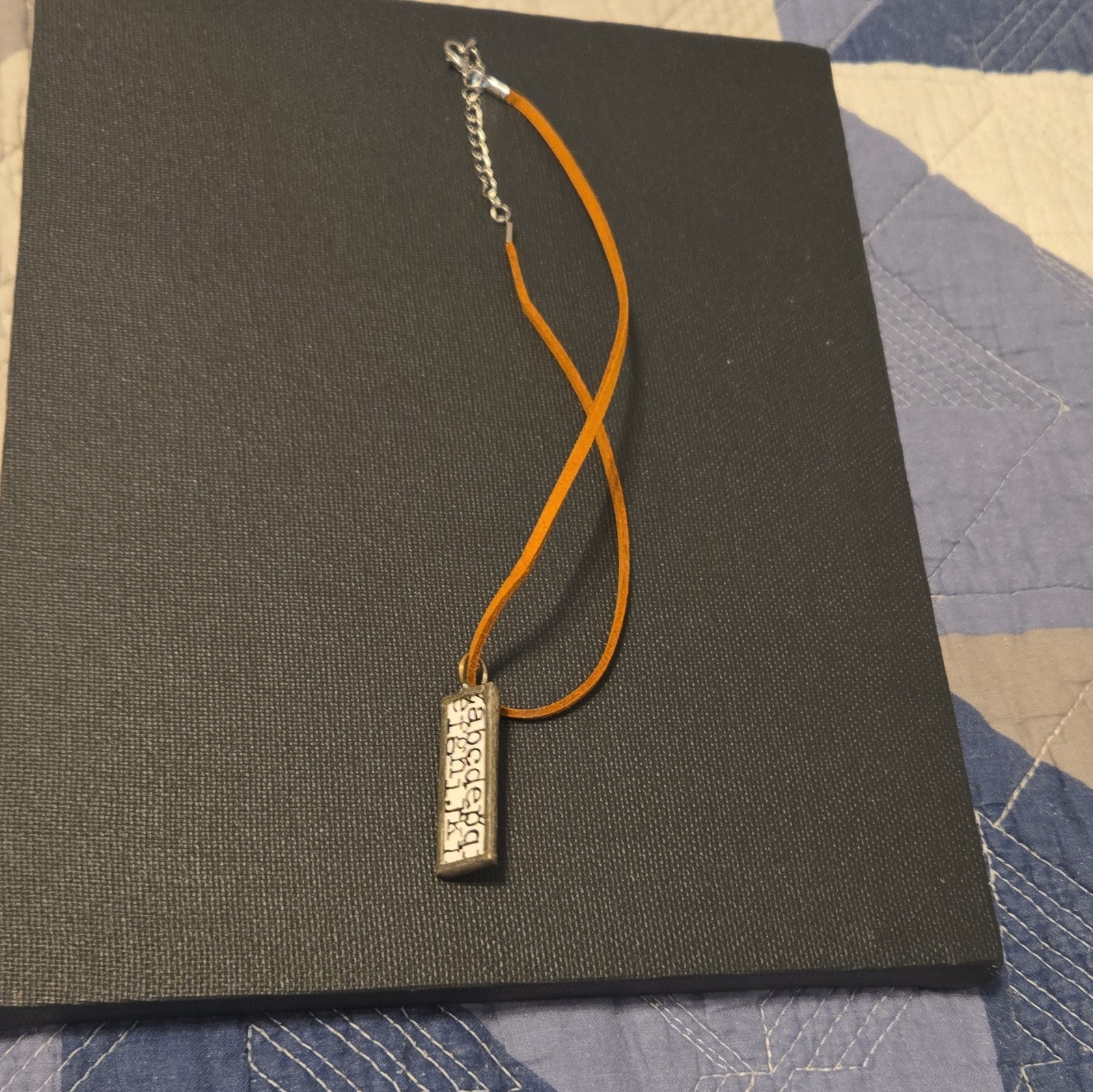 Inspirational Bar Pendant Necklace Brown Cord Silver Tone Rectangle Adjustable